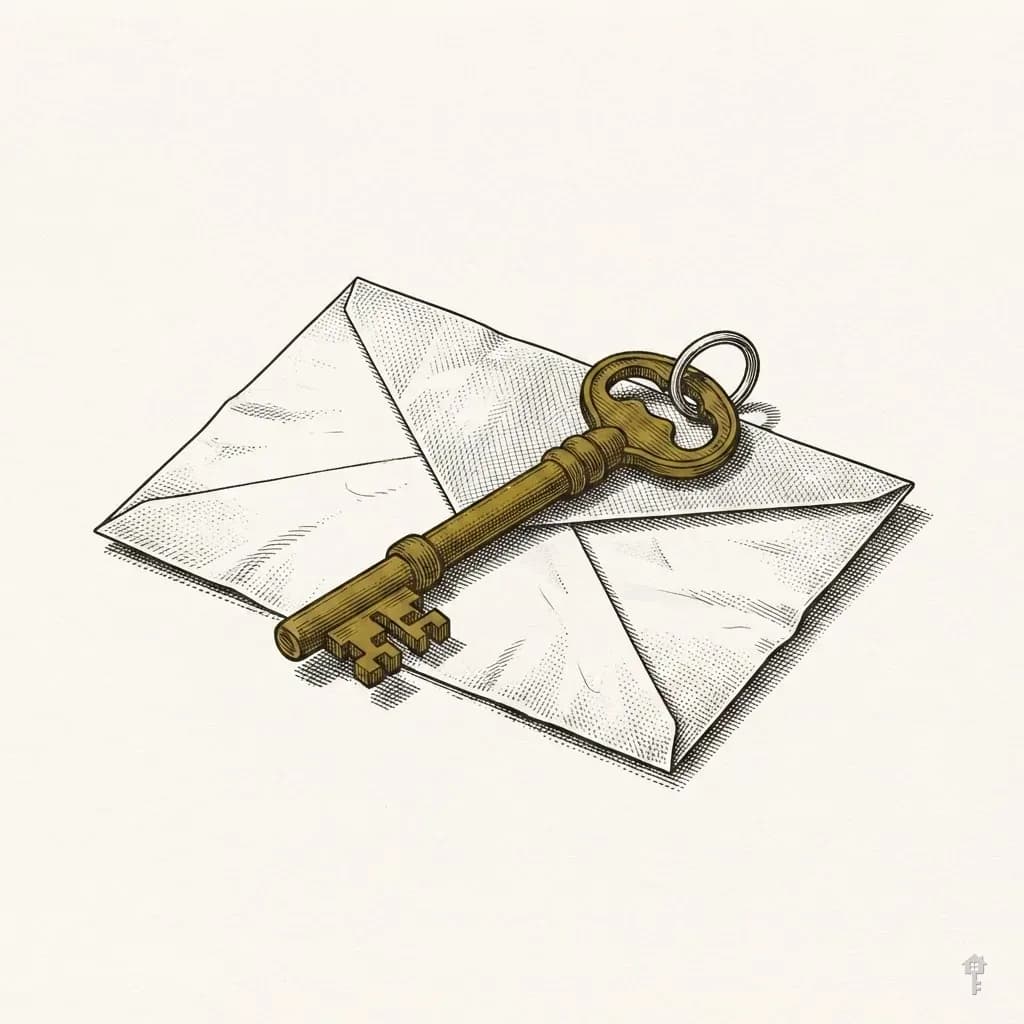 Engraved brass key on a folded envelope
