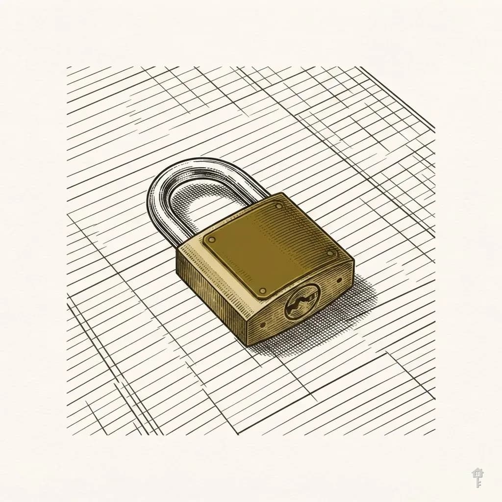 Engraved brass padlock on a ruled ledger sheet