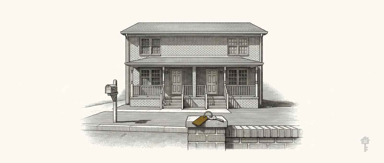 Engraving of a two-storey brick rental duplex with a key ring on the gatepost